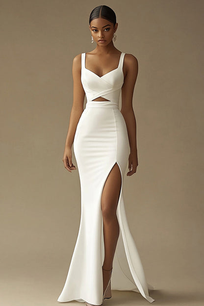 White Sweetheart Long Mermaid Rehearsal Dinner Dress with Slit