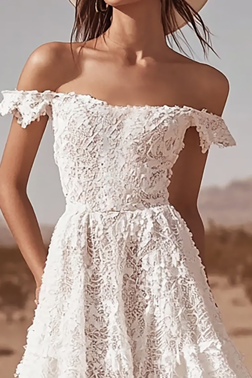 White Off The Shoulder Lace A Line High-Low Boho Maxi Dress