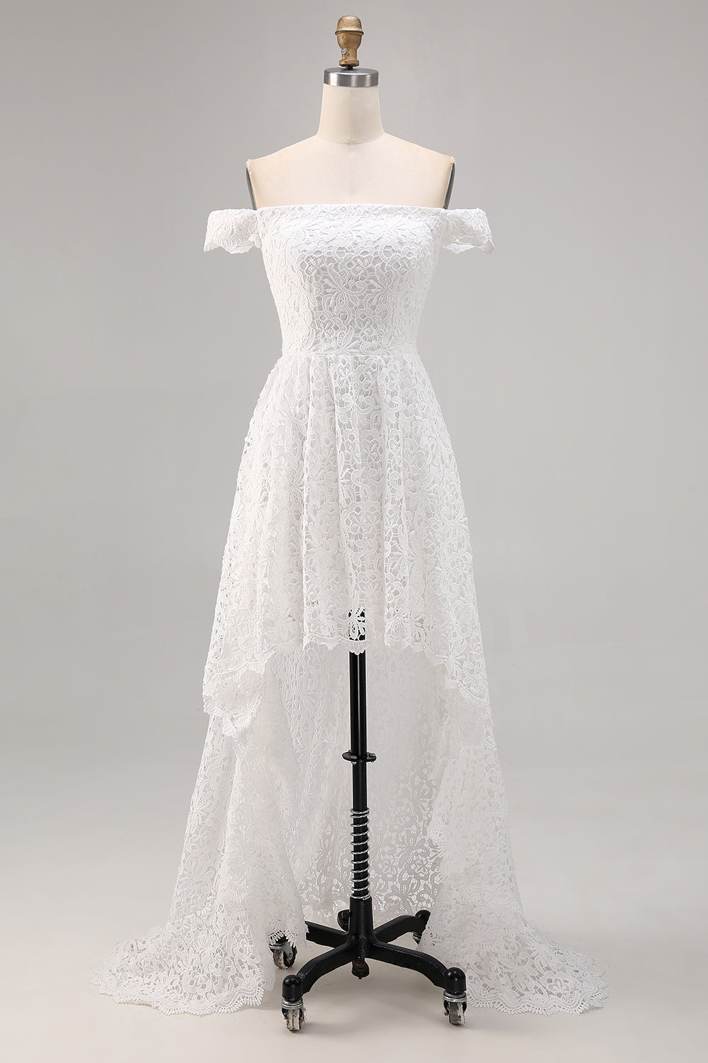White Lace A Line Off The Shoulder High-Low Boho Maxi Dress with Ruffles