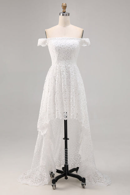 White Lace A Line Off The Shoulder High-Low Boho Maxi Dress with Ruffles