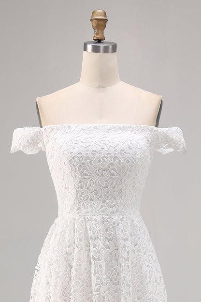 White Off The Shoulder Lace A Line High-Low Boho Maxi Dress