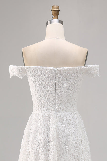 White Off The Shoulder Lace A Line High-Low Boho Maxi Dress