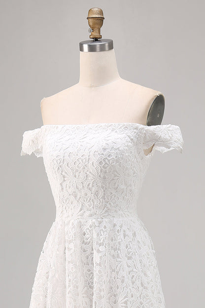 White Off The Shoulder Lace A Line High-Low Boho Maxi Dress