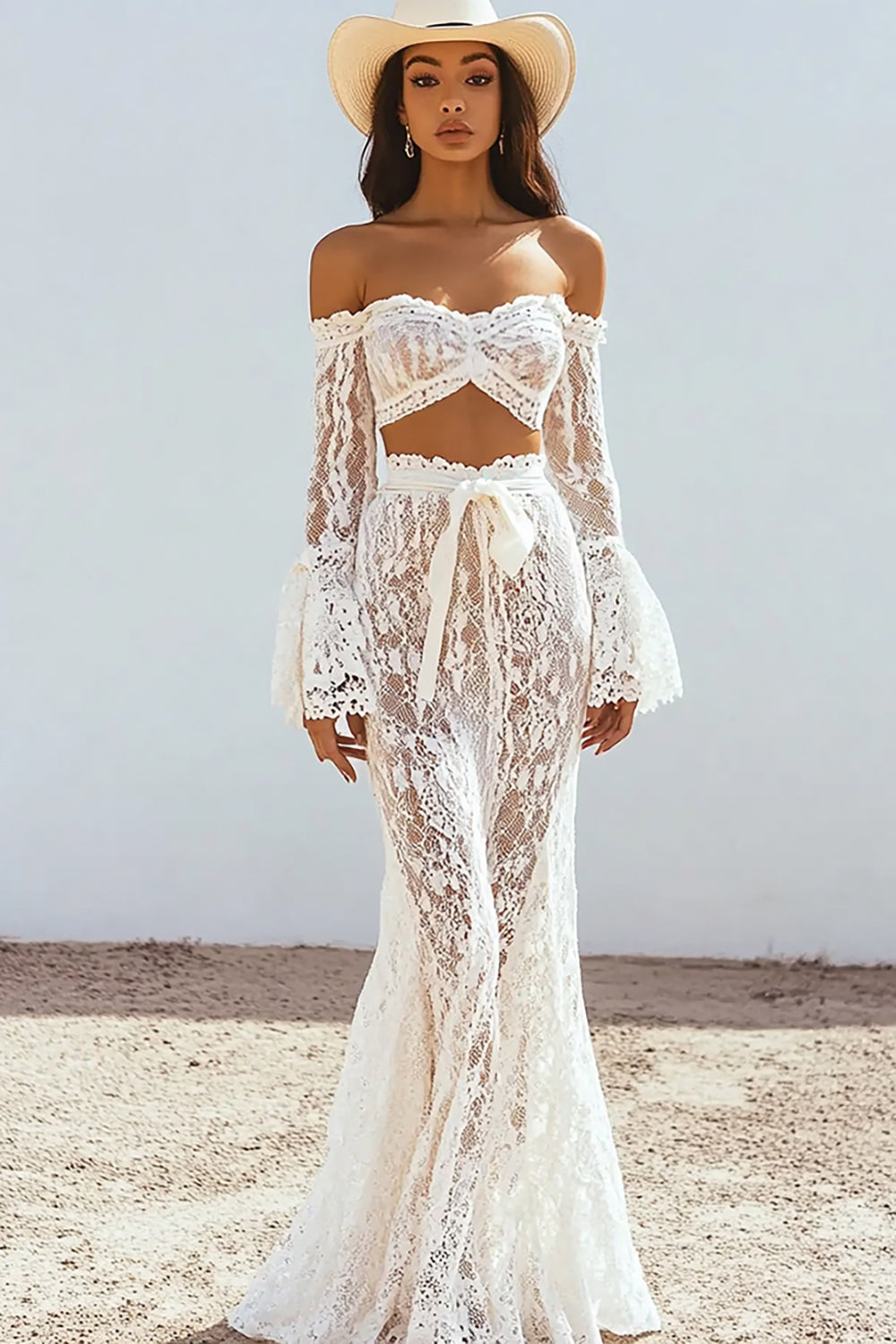 Two Piece White Lace Boho Maxi Dress with Long Sleeves