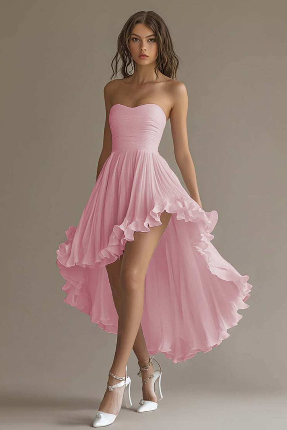 White Chiffon A Line High-Low Engagement Dress with Ruffles