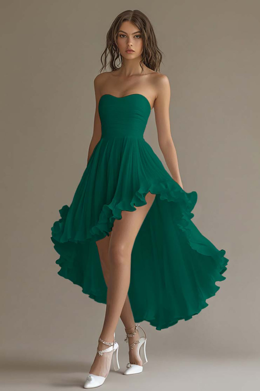 White Chiffon A Line High-Low Engagement Dress with Ruffles