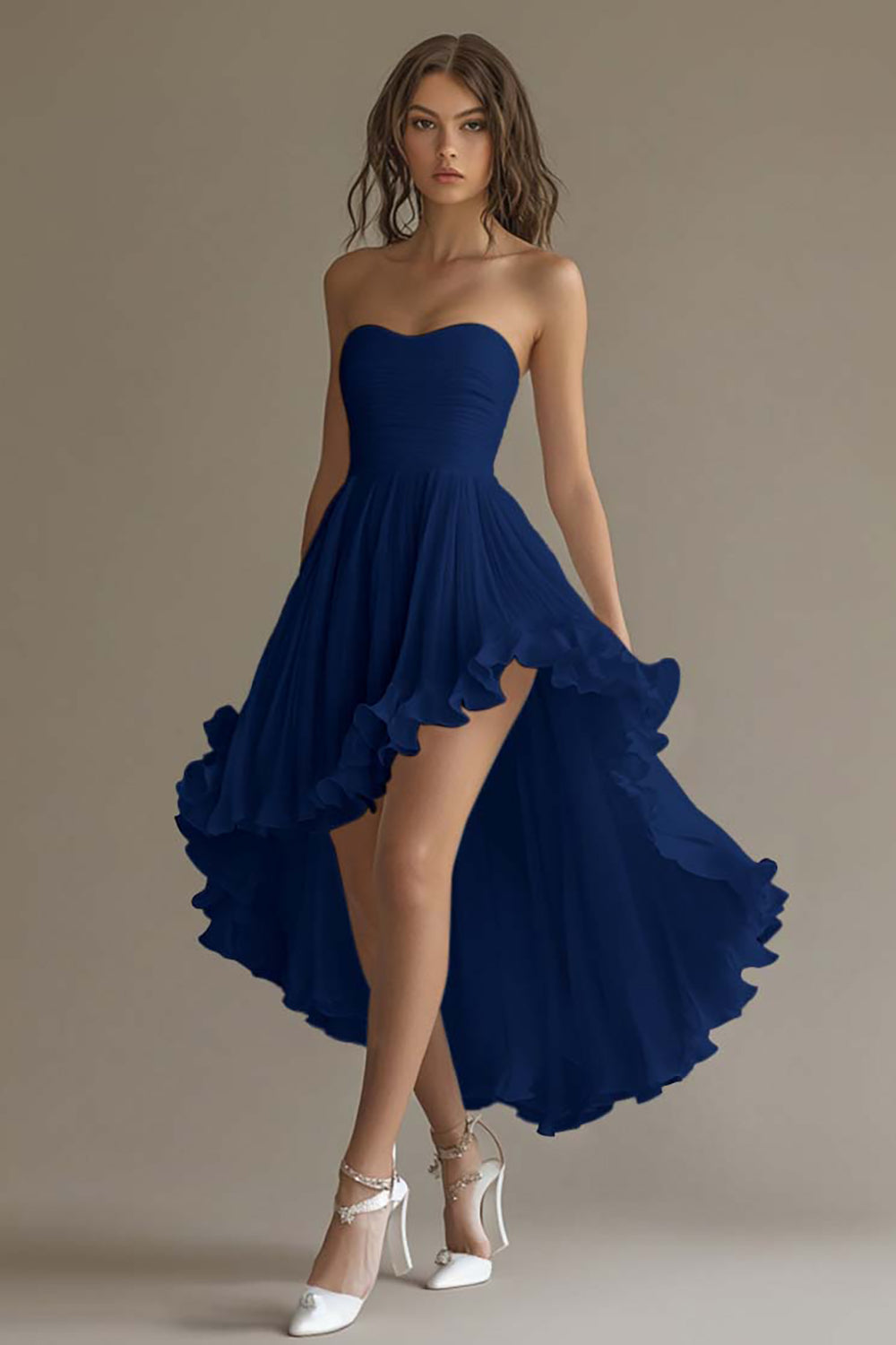White Chiffon A Line High-Low Engagement Dress with Ruffles