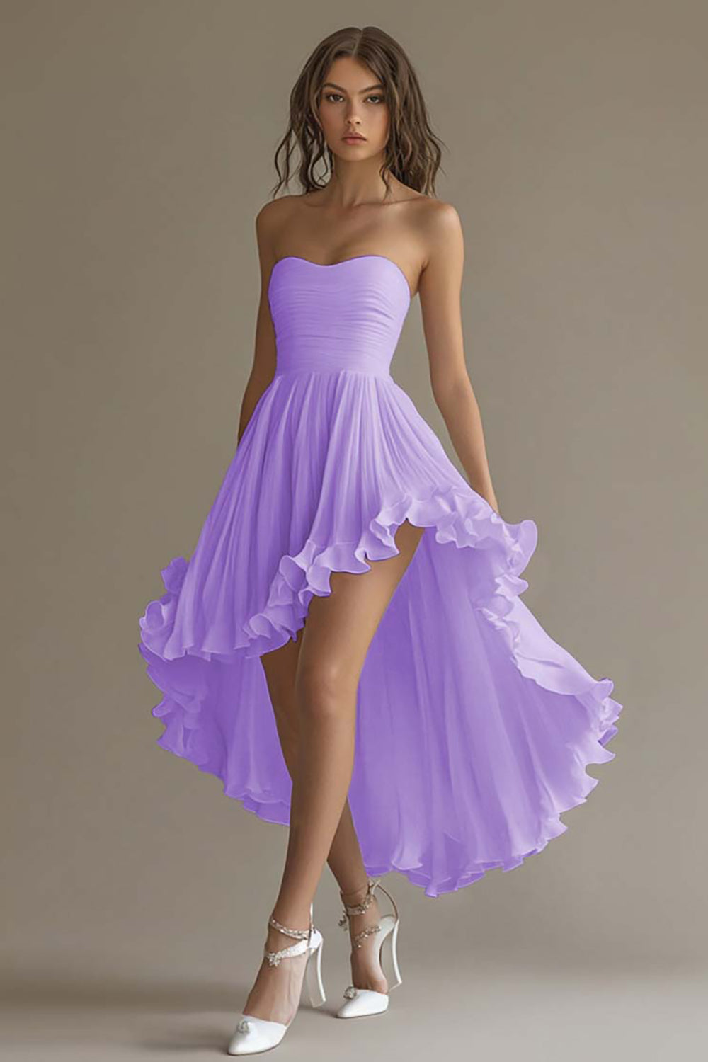 White Chiffon A Line High-Low Engagement Dress with Ruffles
