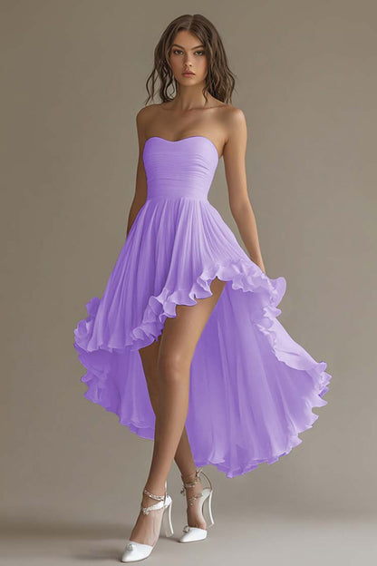White Chiffon A Line High-Low Engagement Dress with Ruffles