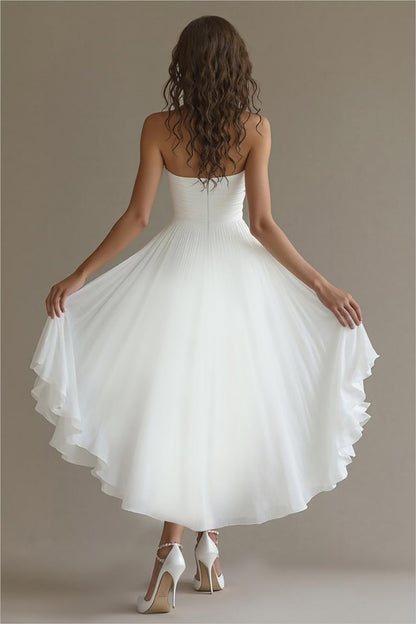 White Chiffon A Line High-Low Engagement Dress with Ruffles