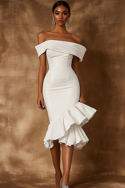 White Satin Off the Shoulder Midi Engagement Dress with Ruffles