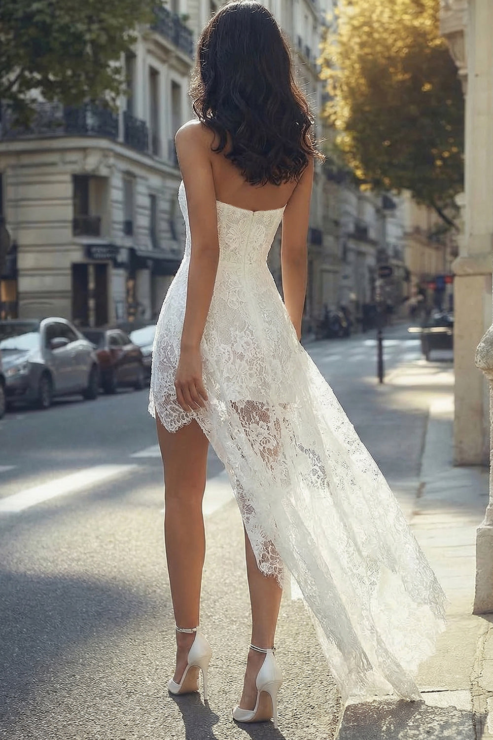 White Lace Strapless High-Low Boho Graduation Dress