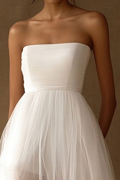 White Strapless Tulle High-Low A Line Graduation Dress