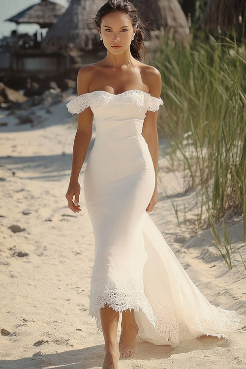 White Satin Off the Shoulder Long Mermaid Engagement Dress with Ruffles