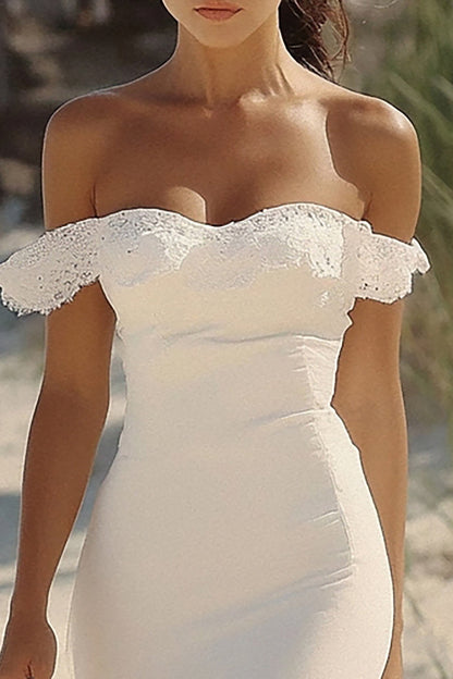 White Satin Off the Shoulder Long Mermaid Engagement Dress with Ruffles