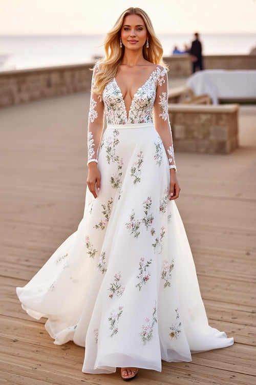 White Tulle A Line V-Neck Long Sleeves Wedding Dress