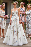 Tulle A Line White Floral Sweep Train Wedding Dress