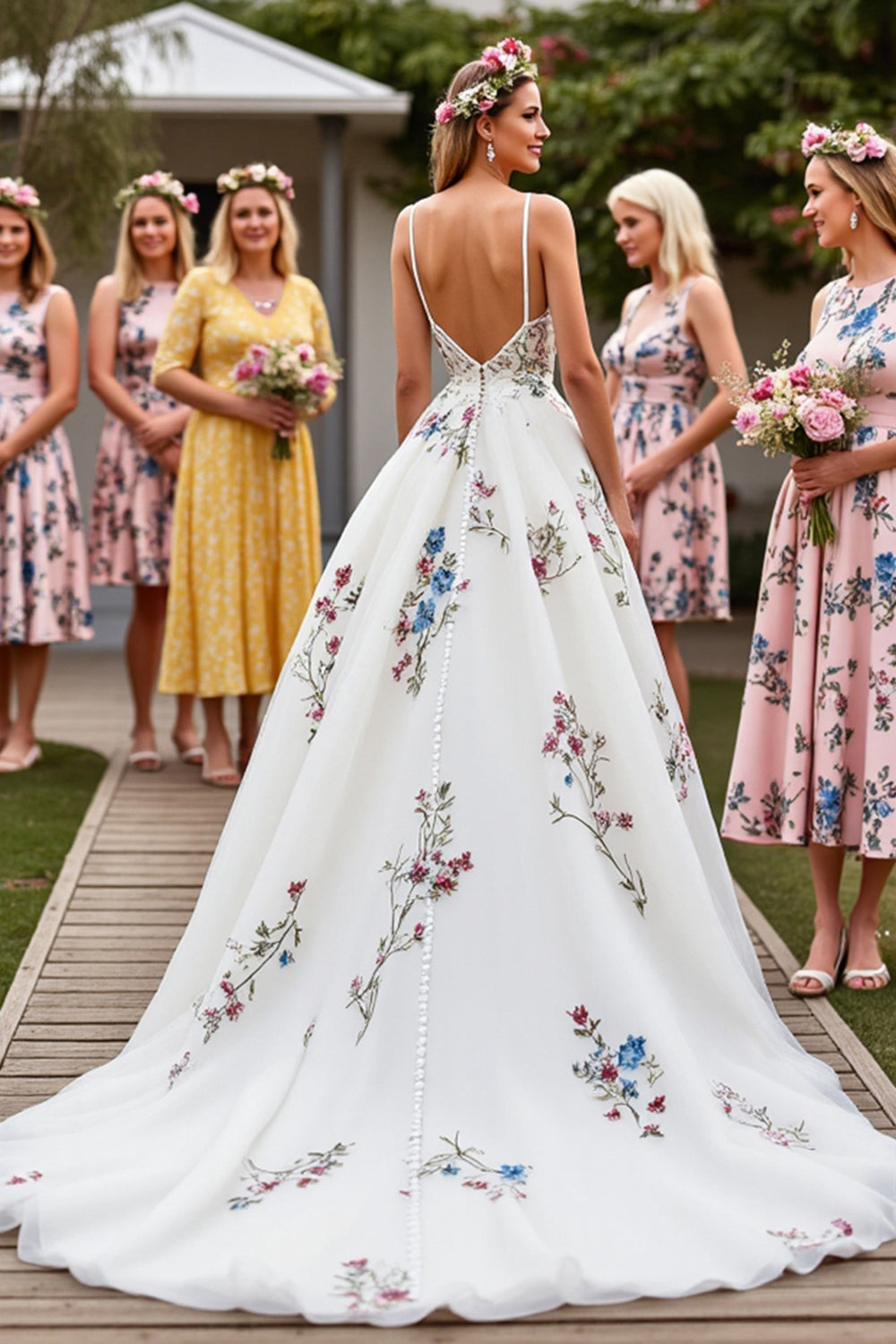 Tulle A Line White Floral Sweep Train Wedding Dress