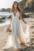 Chiffon White Boho Sweep Train Wedding Dress with Sash