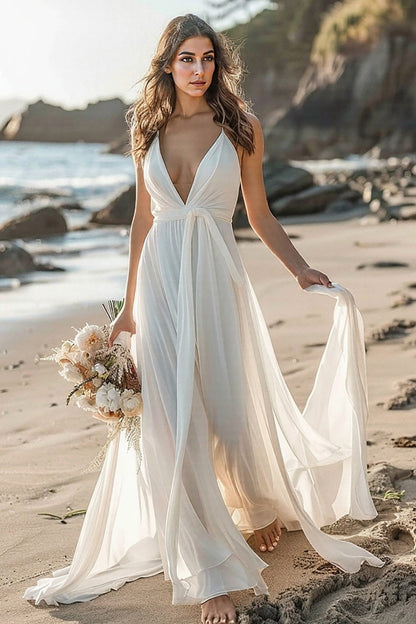 Chiffon White Boho Sweep Train Wedding Dress with Sash