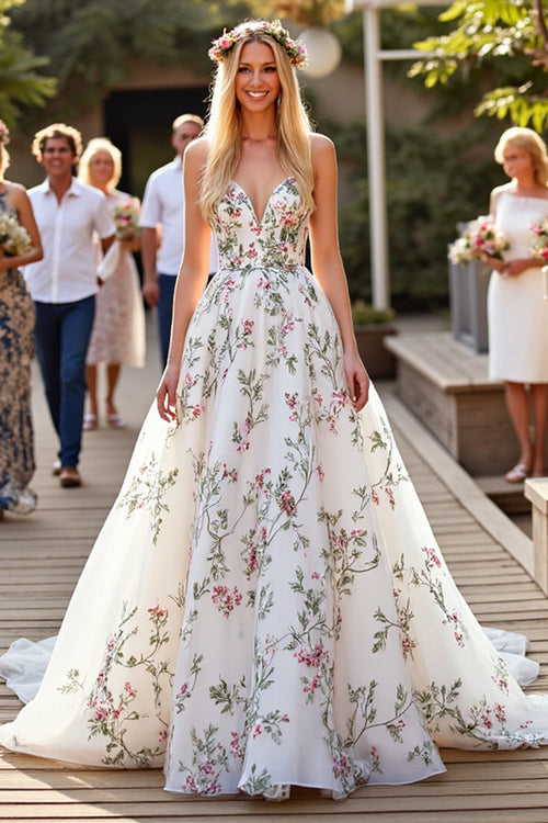 White Organza Floral Ball Gown Sweep Train Wedding Dress