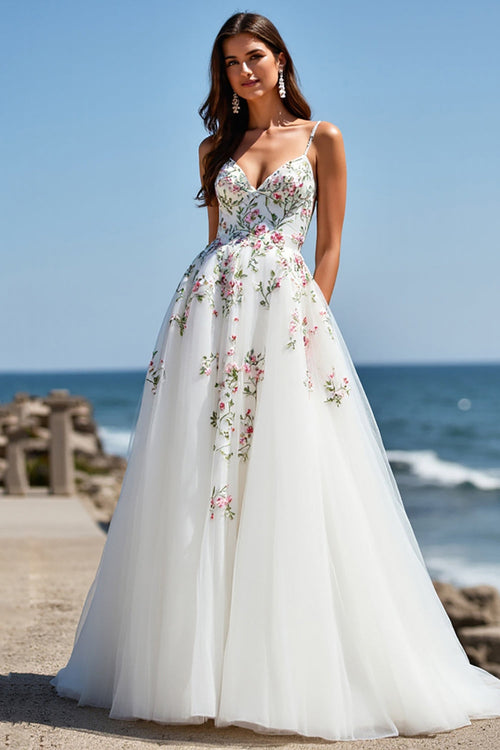 Tulle White Ball Gown Floral Sweep Train Wedding Dress