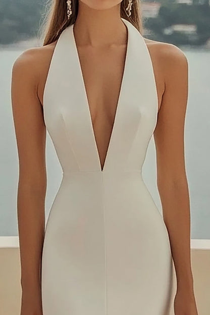 Ivory Sheath Halter Satin Long Formal Dress with Slit