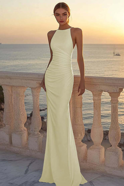 White Satin Ruched Mermaid Round Neck Boho Wedding Dress
