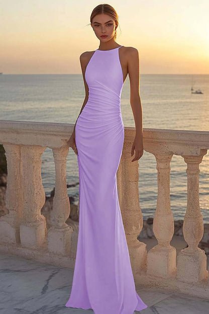 White Satin Ruched Mermaid Round Neck Boho Wedding Dress