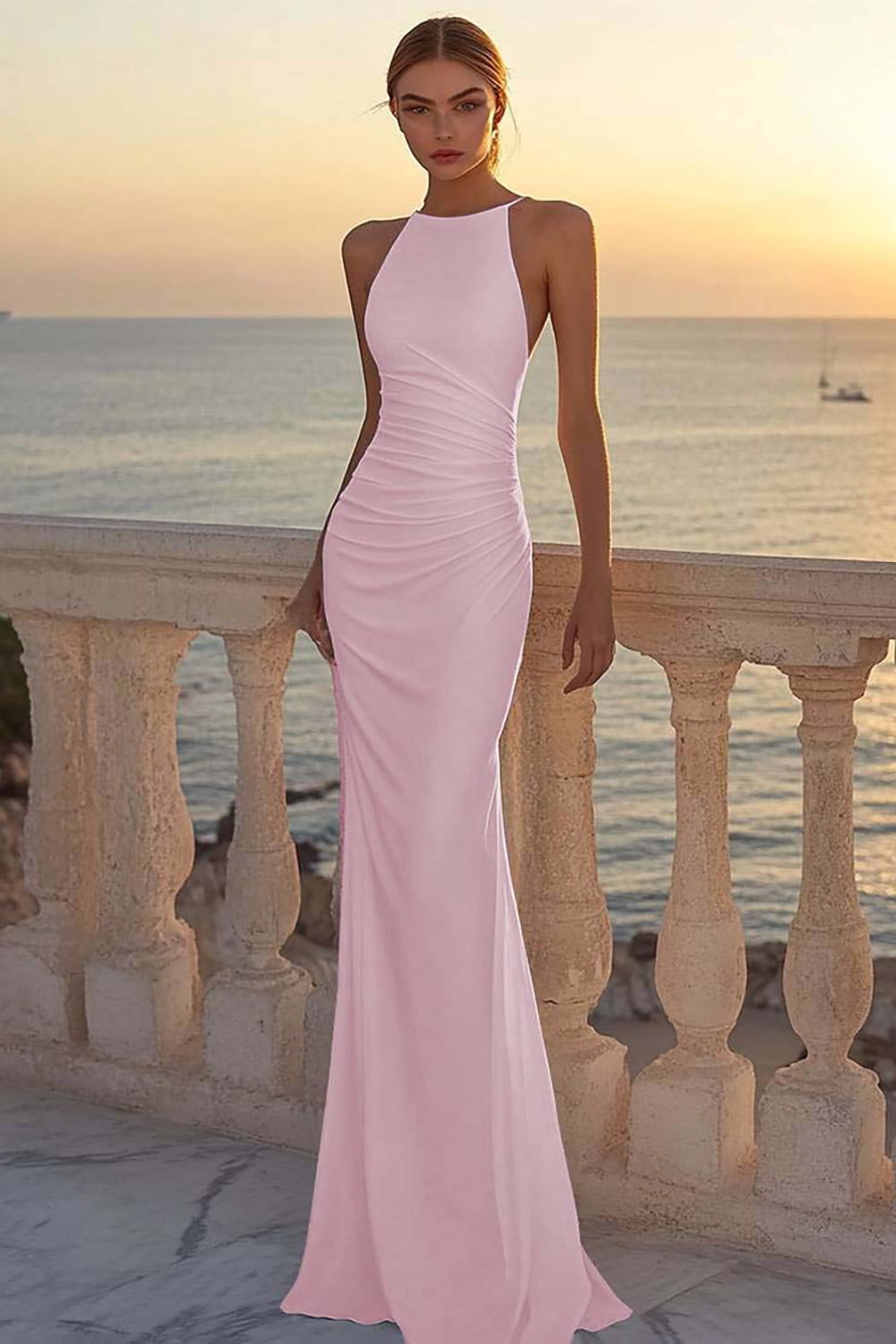 White Satin Ruched Mermaid Round Neck Boho Wedding Dress