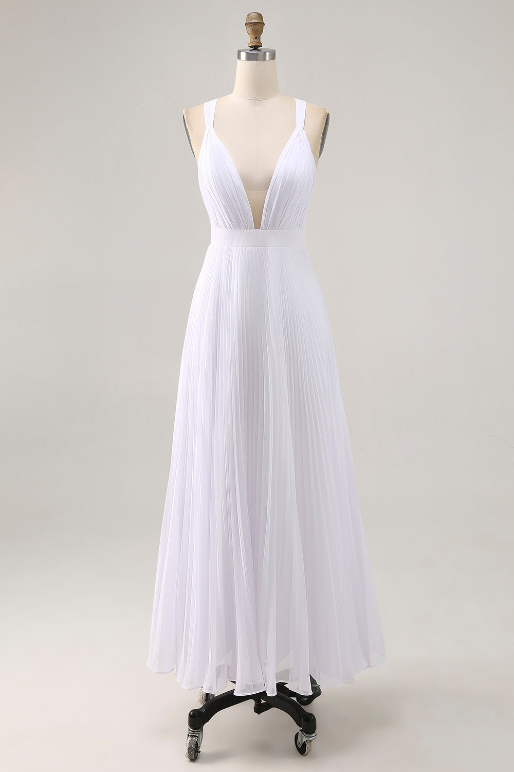White Chiffon A Line V Neck Long Engagement Dress with Pleats