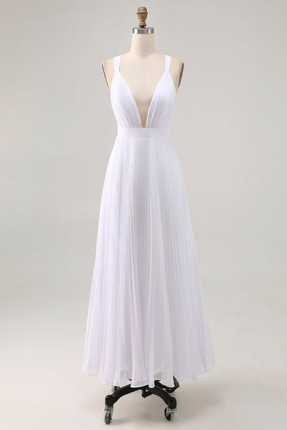 White Chiffon A Line V Neck Long Engagement Dress with Pleats