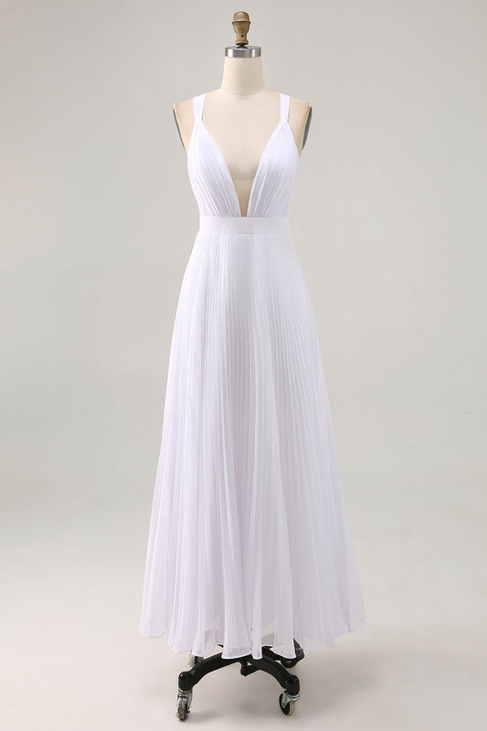 White Chiffon A Line V Neck Long Engagement Dress with Pleats
