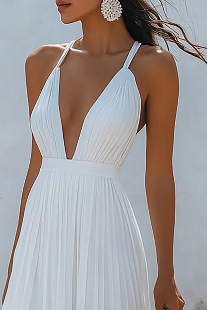 White Chiffon A Line V Neck Long Engagement Dress with Pleats