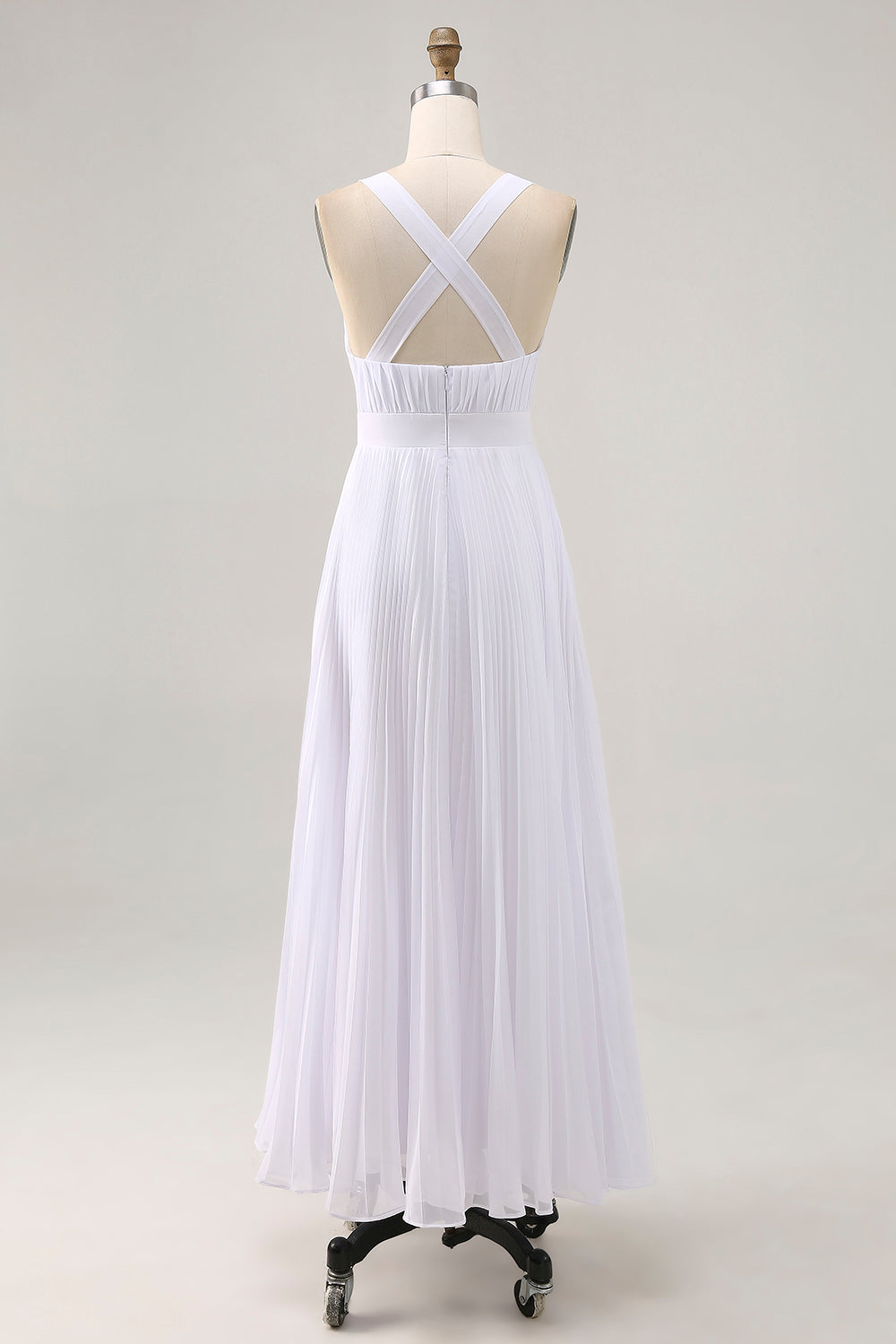 White A Line Chiffon V Neck Long Engagement Dress with Pleats