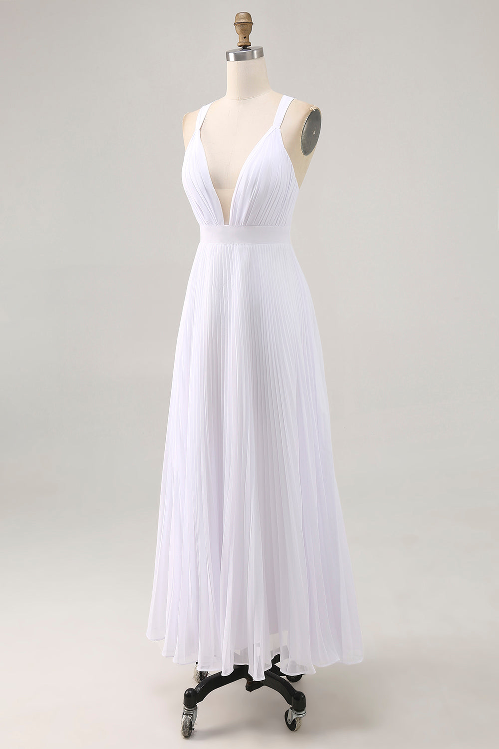 White A Line Chiffon V Neck Long Engagement Dress with Pleats