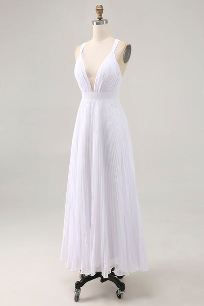 White A Line Chiffon V Neck Long Engagement Dress with Pleats