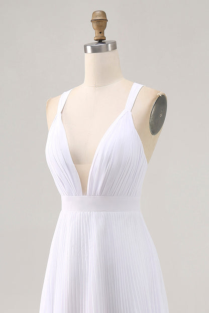 White Chiffon A Line V Neck Long Engagement Dress with Pleats