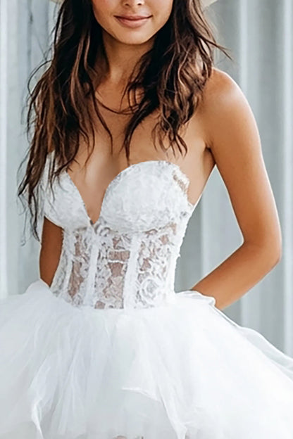 White Corset A Line Tulle High-Low Graduation Homecoming Dress with Lace Appliques