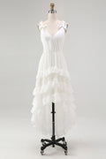 Ivory Tiered Ruffled A Line V-Neck High-Low Western Wedding Dress