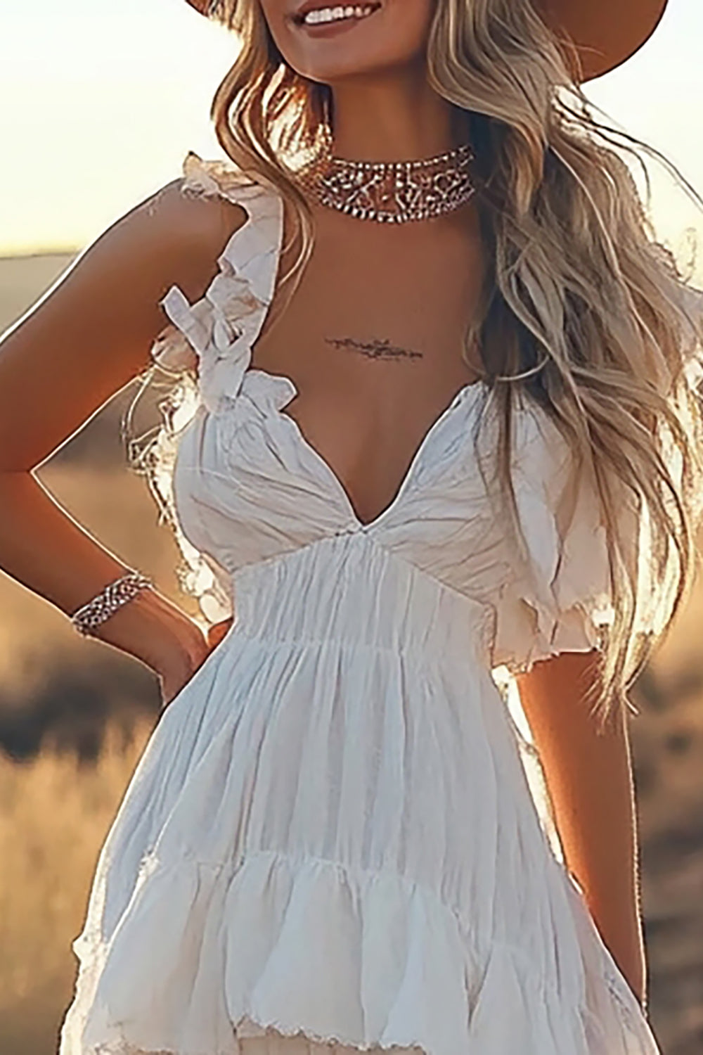 Ivory A Line Tiered Ruffled V-Neck High-Low Western Wedding Dress