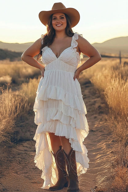 Ivory A Line Tiered Ruffled V-Neck High-Low Western Wedding Dress