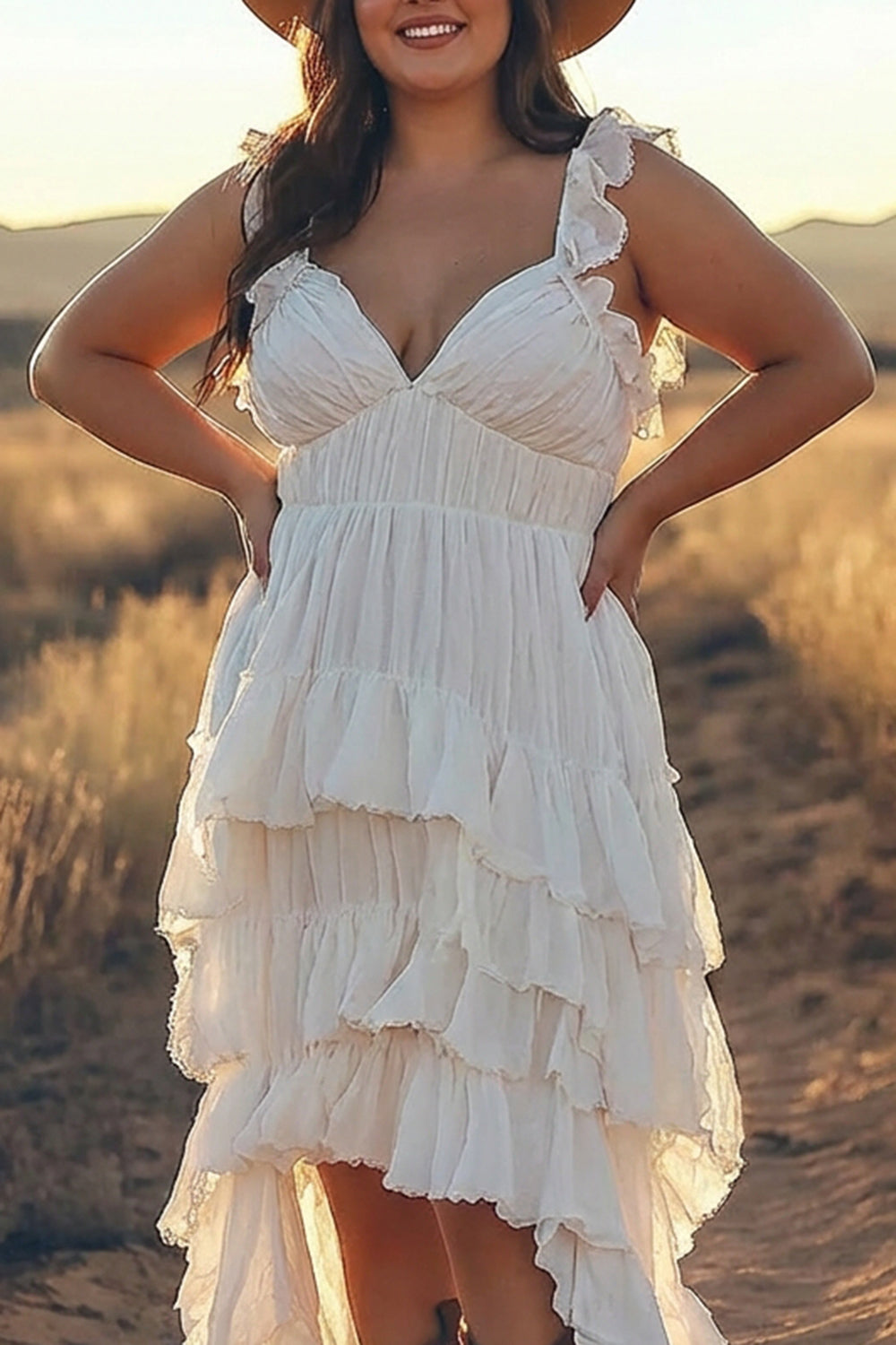 Ivory A Line Tiered Ruffled V-Neck High-Low Western Wedding Dress