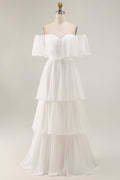White Chiffon Off the Shoulder Tiered Boho Sweep Train Wedding Dress