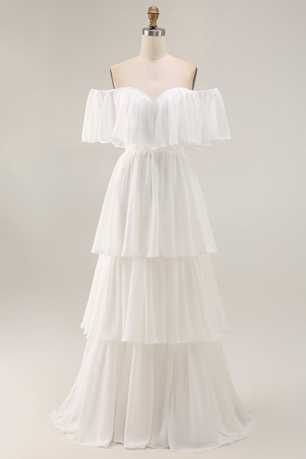 White Chiffon Tiered Off the Shoulder Boho Sweep Train Wedding Dress