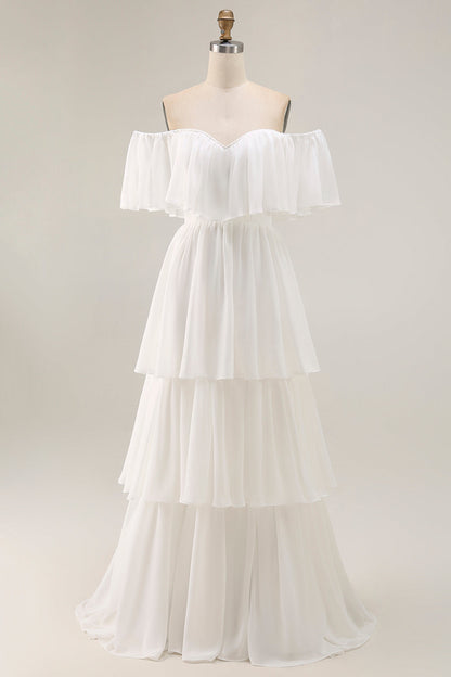 White Chiffon Tiered Off the Shoulder Boho Sweep Train Wedding Dress