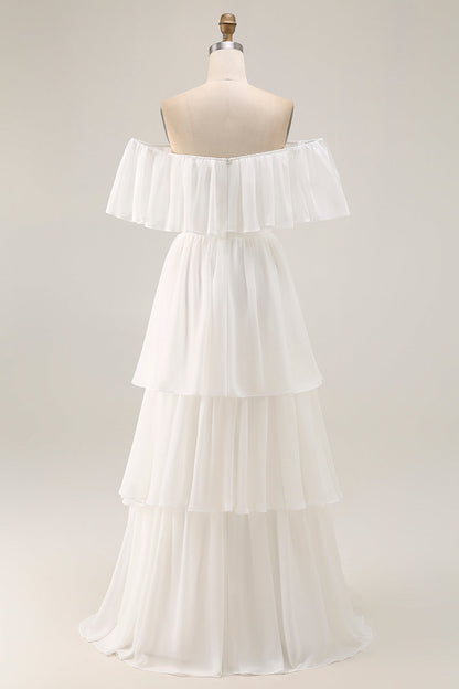 White Chiffon Tiered Off the Shoulder Boho Sweep Train Wedding Dress