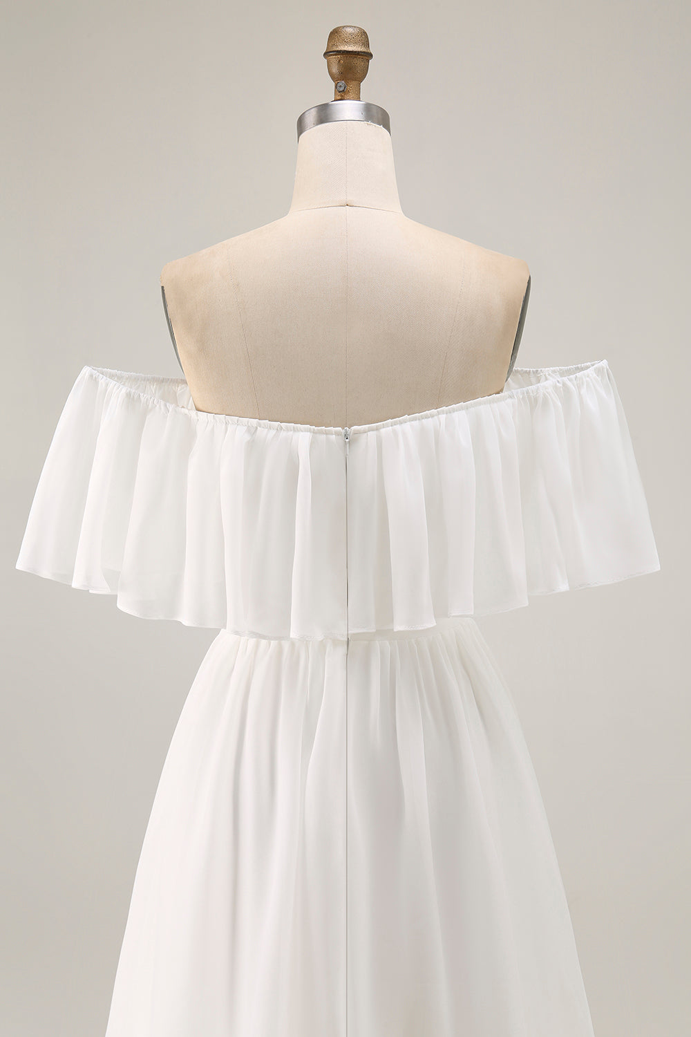 White Chiffon Off the Shoulder Tiered Boho Sweep Train Wedding Dress
