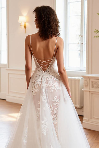 Ivory Tulle A Line Sweep Train Wedding Dress with Appliques