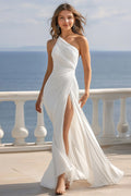 Ivory Ruched One Shoulder Beach Maxi Engagement Dress with Slit
